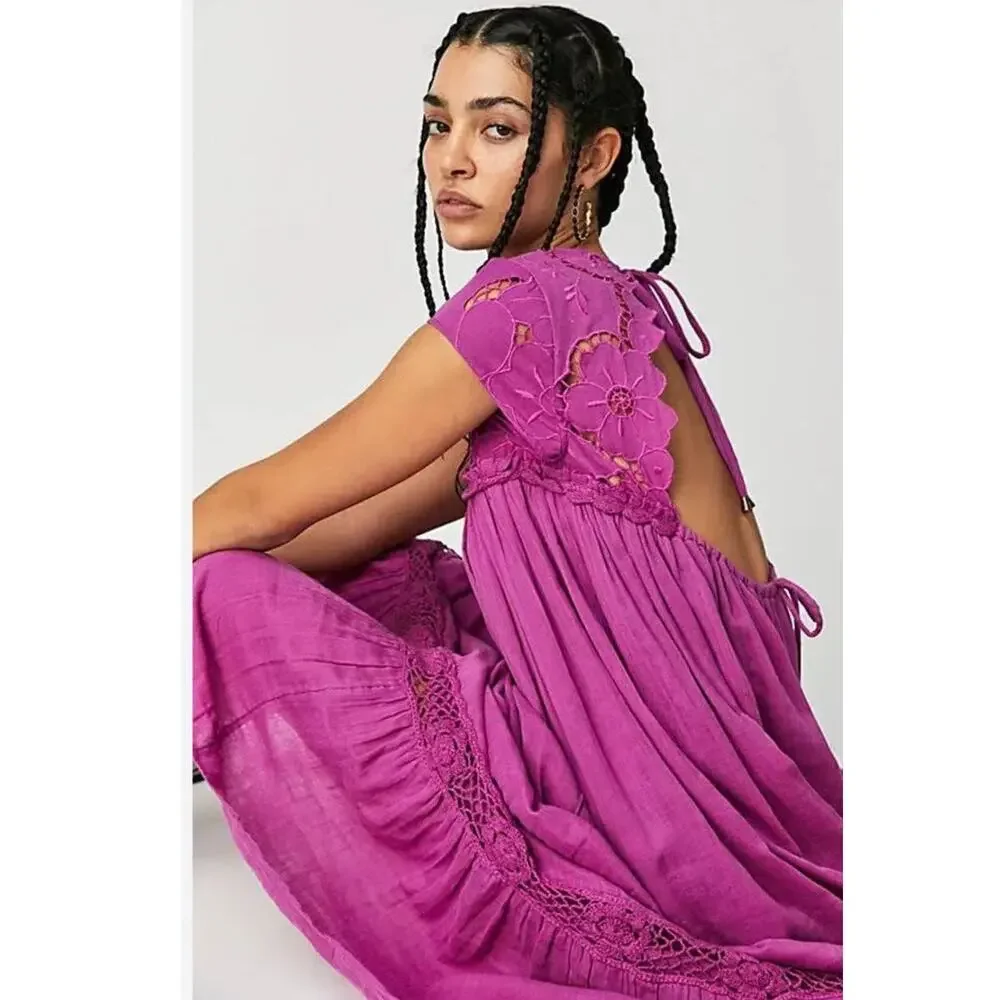 New Free People Cutwork Boho Maxi T-Shirt Dress $198 SMALL Open-Back Violet